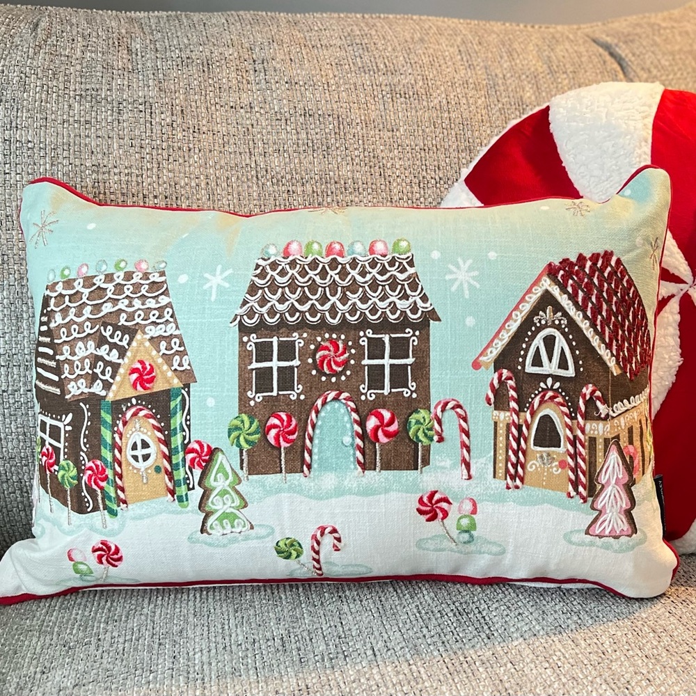 Pastel Cynthia Rowley Gingerbread house Christmas pillow